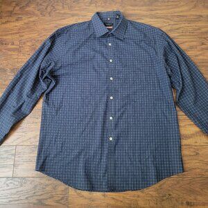 VAN HEUSEN Traveler Navy Blue White Grid Collared Button-Up Dress Shirt sz L EUC